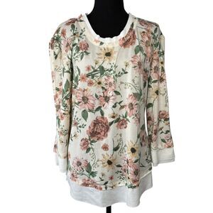 Stitch By CHENAULT Hacci Top Floral Long Sleeve White Ribbed Trim